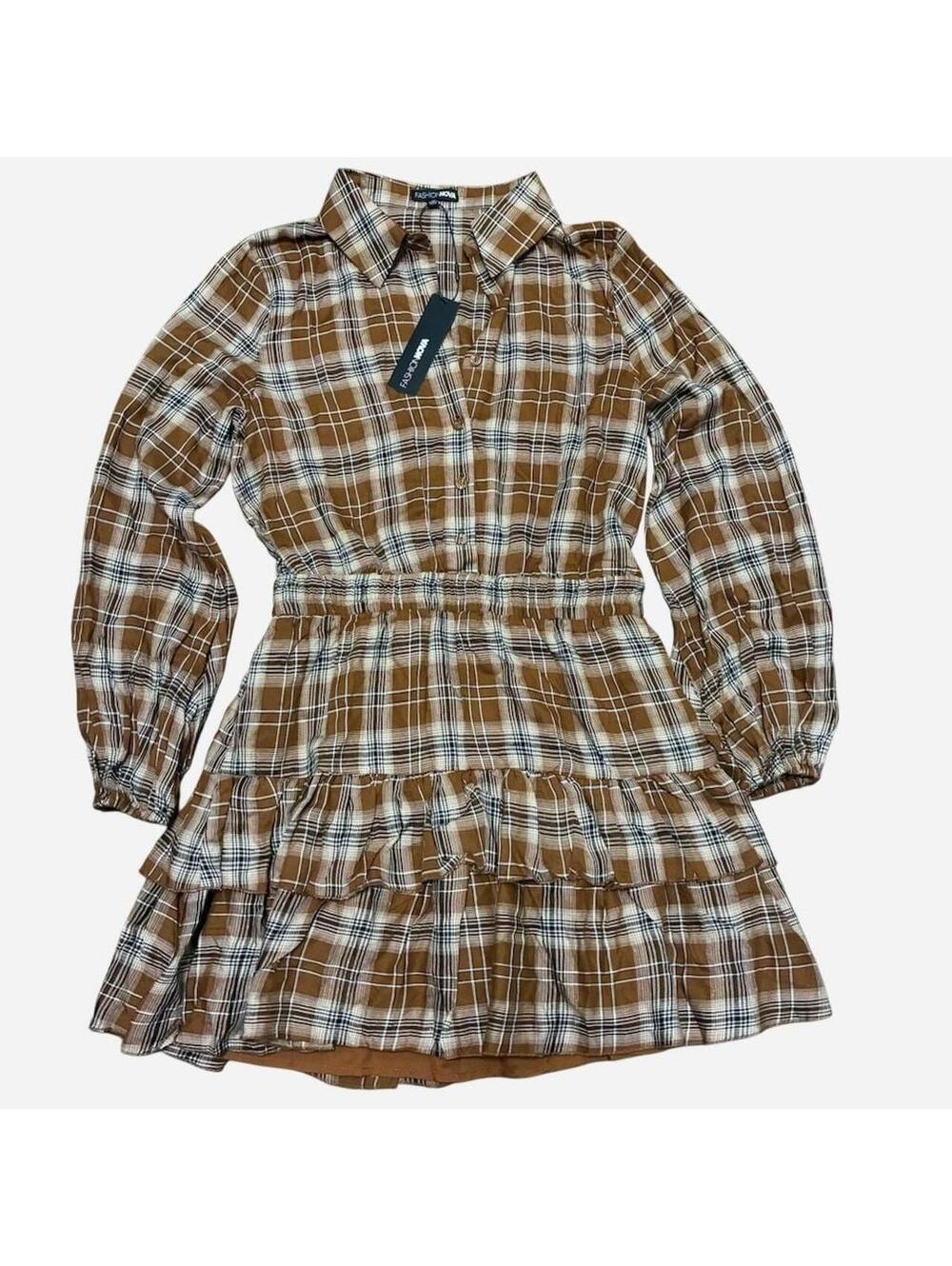 Fashion Nova Brown Plaid Off Shoulder Corset Mini Dress Size S NWT Y2K